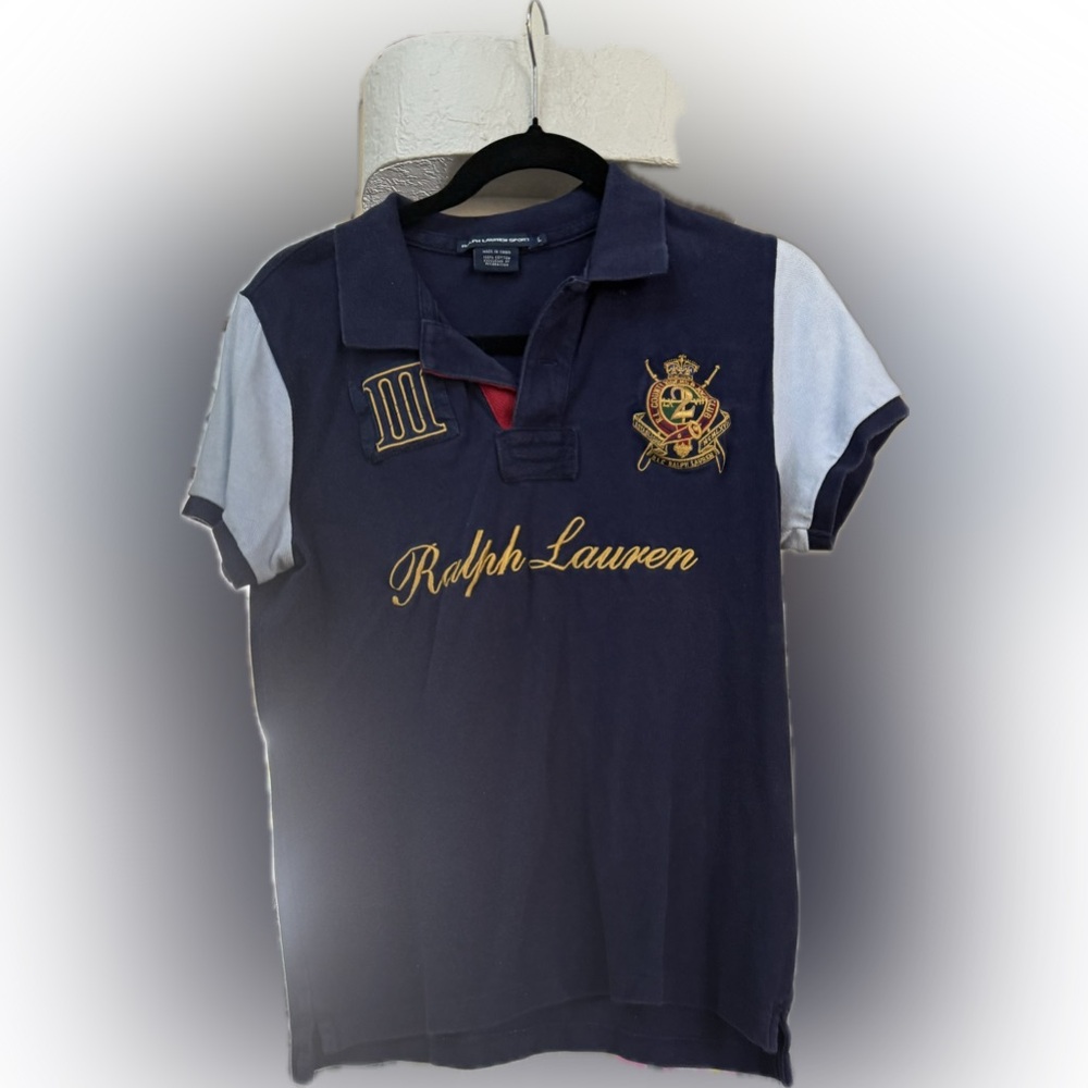 Ralph Lauren Navy Polo with Light Gray Sleeves and Gold Embroidery sz Large